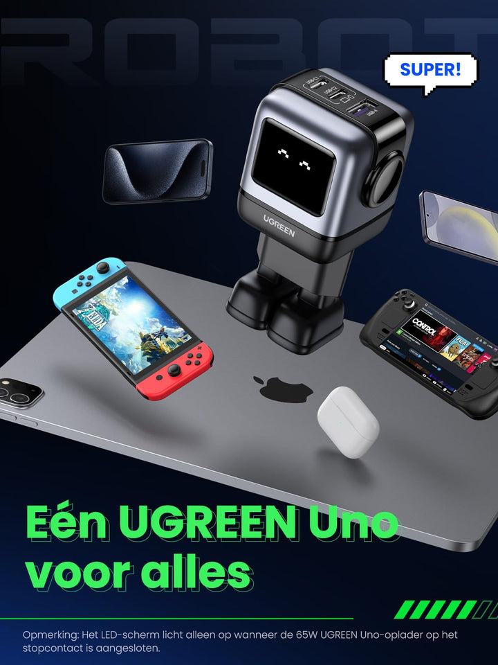 UGREEN Uno oplader 65W USB C - voeding 3 - poorts snellader GaN (zwart)