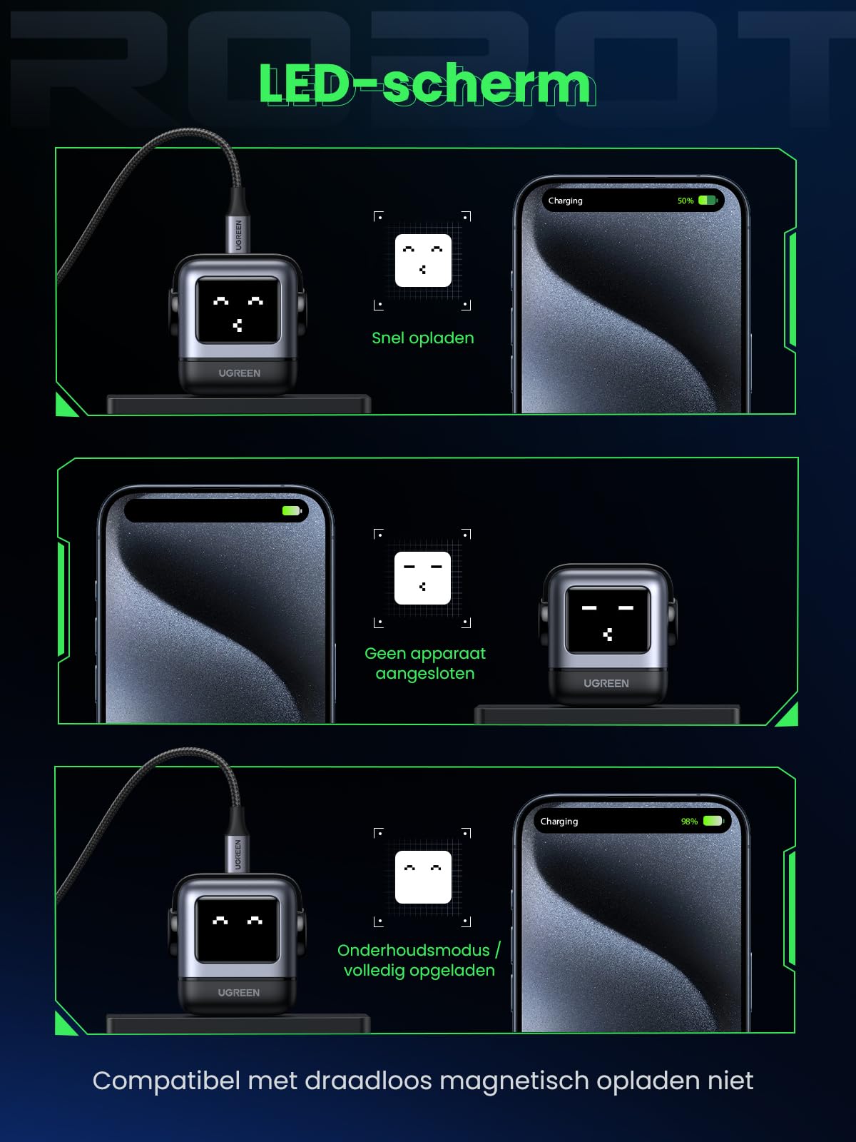 UGREEN Uno oplader 65W USB C - voeding 3 - poorts snellader GaN (zwart)