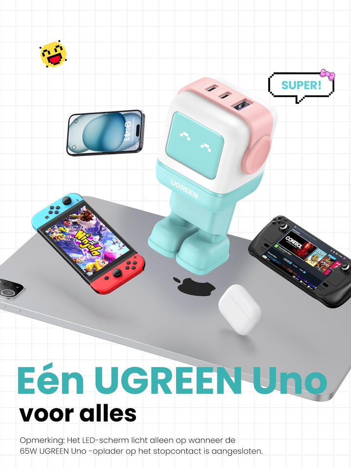 UGREEN Uno USB C - oplader 65W RobotGaN - oplader USB C - voeding 3 - poorts snellader Robot compatibel met MacBook Pro/Air, iPad, iPhone 15 Pro Max, Galaxy S26 Ultra, Dell XPS (blauwroze)