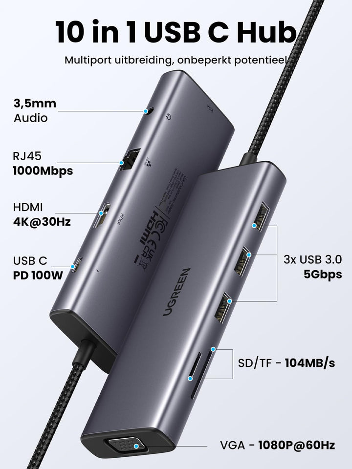 UGREEN USB C Docking Station Dual Display met 4K HDMI, VGA, 3x USB A 3.0, PD100W, Ethernet, 3,5mm Audio, SD/TF