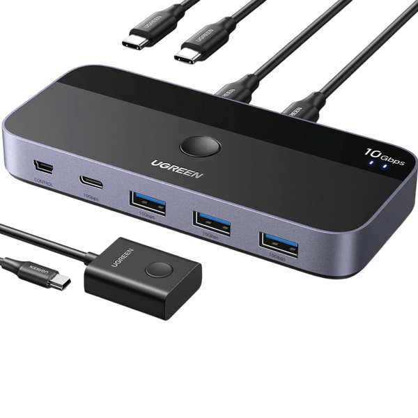 UGREEN USB Switch 2PC 10Gbps USB 3.2 Switcher 2 in 4 Out USB C Schakelaar met desktopcontroller USB Switch aluminium behuizing met 2USB C naar C kabels voor toetsenbord, muis, printer, USB stick enz.