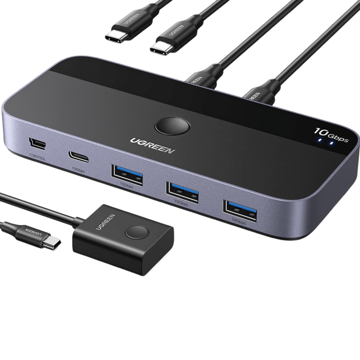 UGREEN USB Switch 2PC 10Gbps USB 3.2 Switcher 2 in 4 Out USB C Schakelaar met desktopcontroller USB Switch aluminium behuizing met 2USB C naar C kabels voor toetsenbord, muis, printer, USB stick enz.