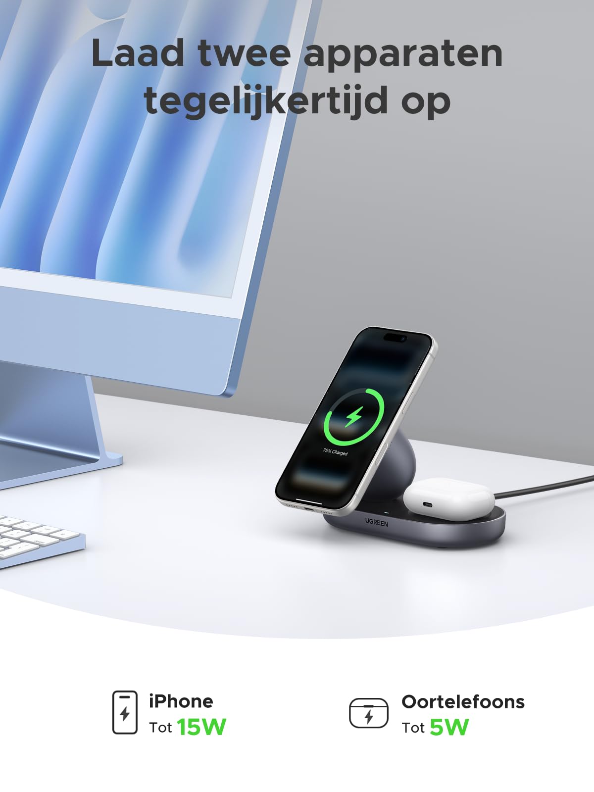 UGREEN Zapix Magnetische Draadloze Oplader met Standaard (2 - in - 1, Qi2 15W)