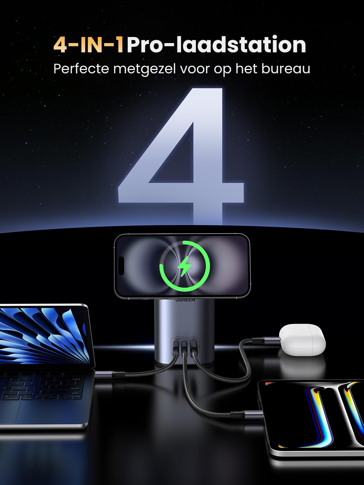 UGREEN Nexode 65W 4-in-1 GaN Oplader met Qi2 Draadloos Opladen -4-in-1 pro-laadstation