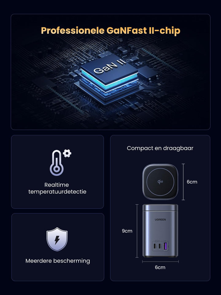USB - C Charger 65W, UGREEN Nexode Qi2 oplader 15W voeding GaN draadloze lader 4 - in - 1 laadstation met inductieve oplaadstandaard compatibel met MacBook Pro/Air, iPhone 12 - 16 serie