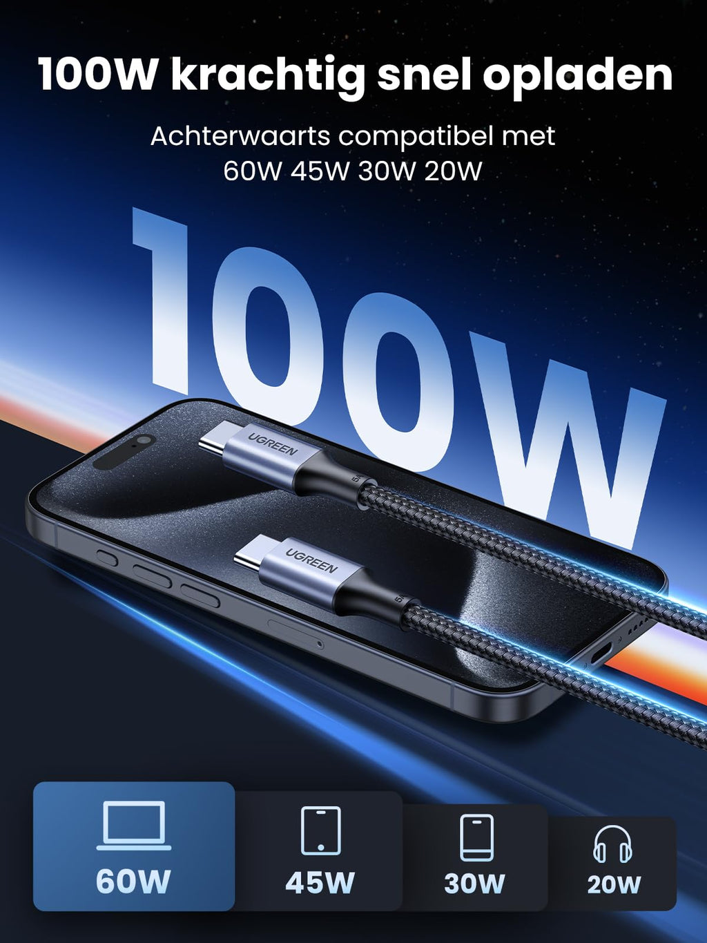 UGREEN 100W USB C Kabel naar USB C 5A/20V USB-C Oplaadkabel PD 3.0 PPS