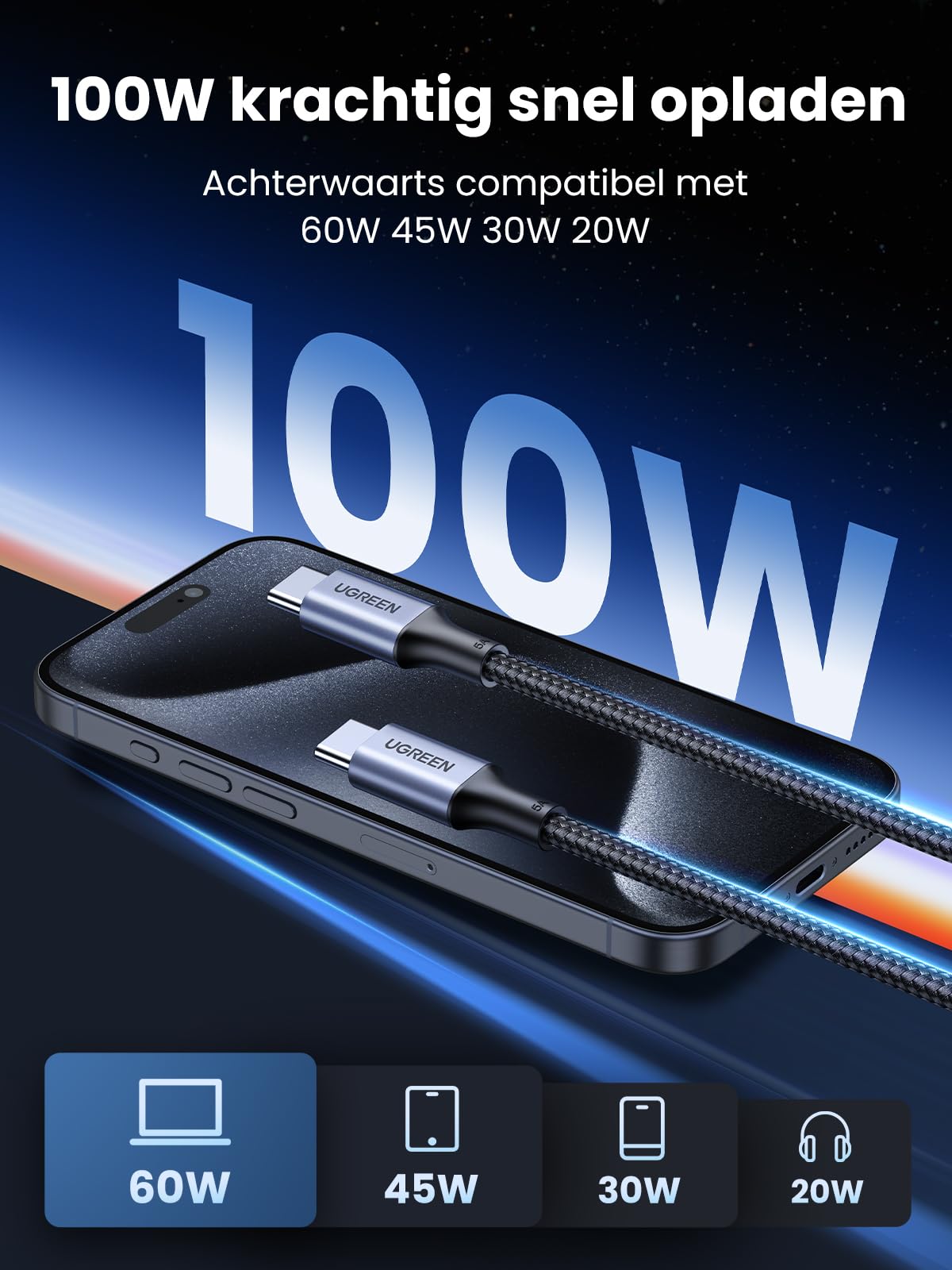 UGREEN 100W USB C Kabel naar USB C 5A/20V USB-C Oplaadkabel PD 3.0 PPS