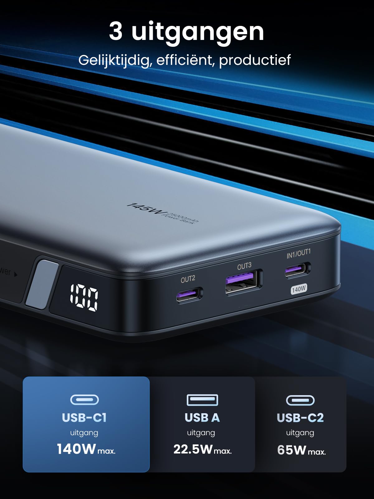 UGREEN 25000mAh Powerbank 145W met 3 poorten - 4