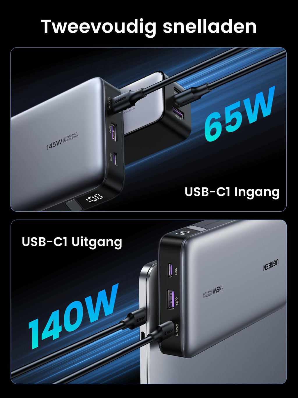 UGREEN 25000mAh Powerbank 145W met 3 poorten - 8