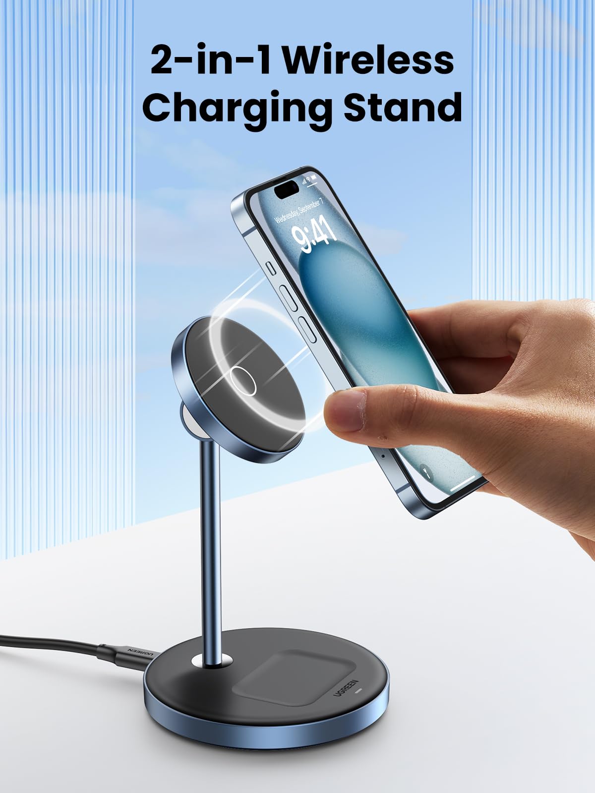 UGREEN 2-in-1 Magnetische Oplaadstandaard Draadloze Laadstationlader met USB C Oplaadkabel Compatibel met iPhone 15,15 Plus,15 Pro,15 Pro Max,12-14, AirPods 3, 2