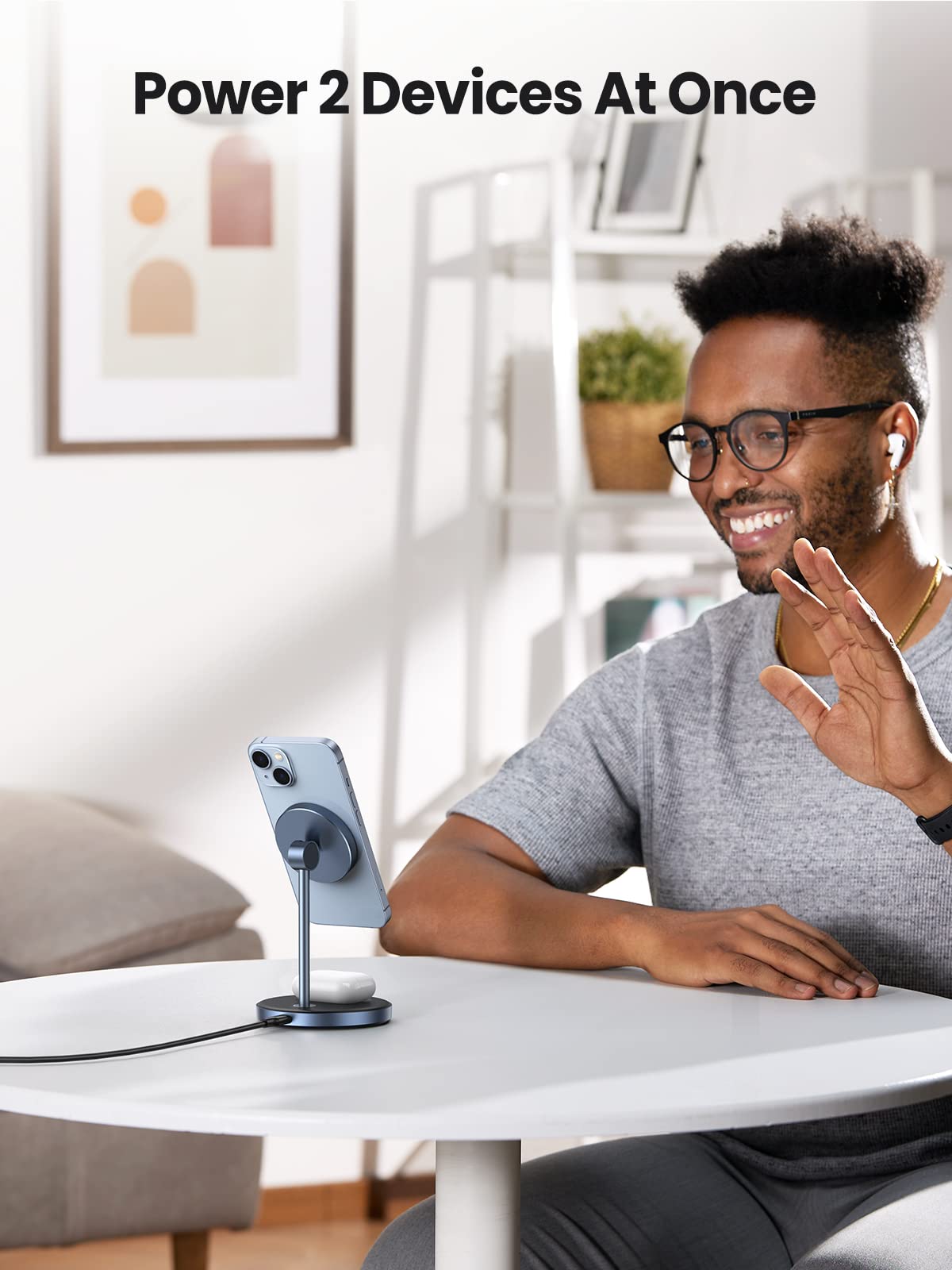 UGREEN 2-in-1 Magnetische Oplaadstandaard Draadloze Laadstationlader met USB C Oplaadkabel Compatibel met iPhone 15,15 Plus,15 Pro,15 Pro Max,12-14, AirPods 3, 2