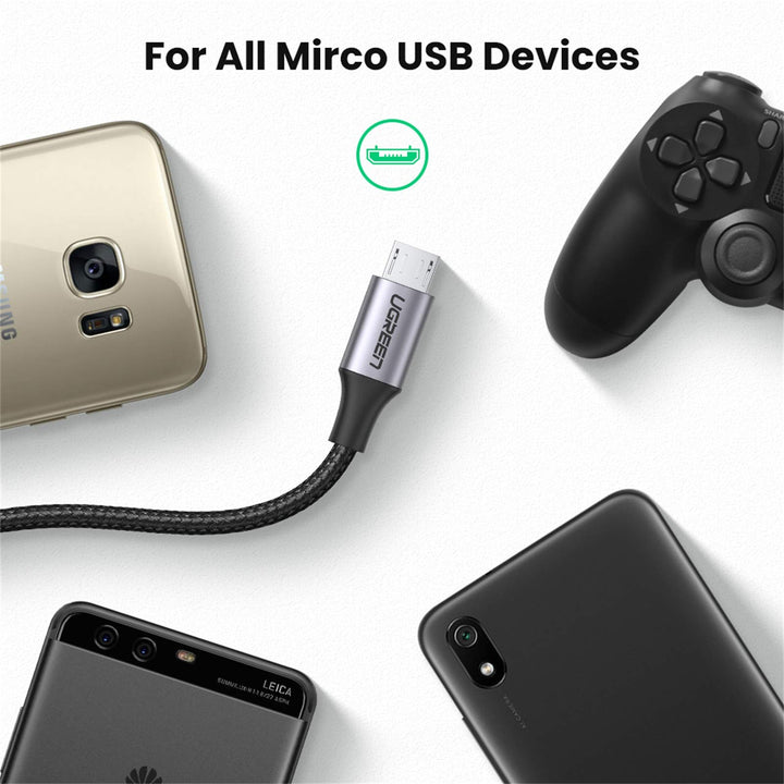 UGREEN 2 Stuk Micro USB Kabel Nylon QC 2.0 Snel Oplaad Kabel Ondersteunt