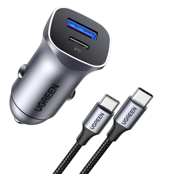 UGREEN 30W Autolader met 1M USB C Kabel Dual Port Card Charger Ondersteunt 20W