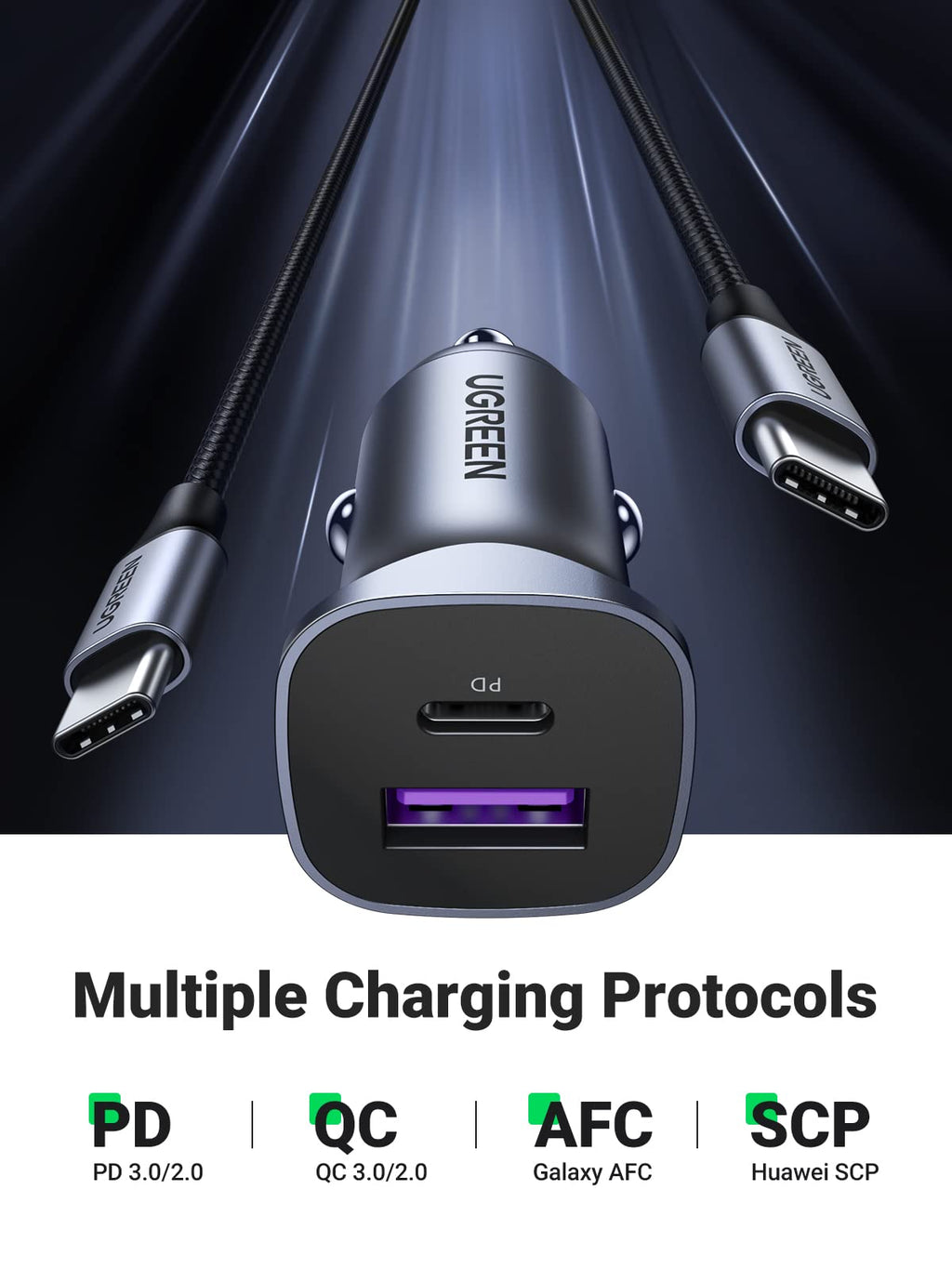 UGREEN 30W Autolader met 1M USB C Kabel Dual Port Card Charger Ondersteunt 20W