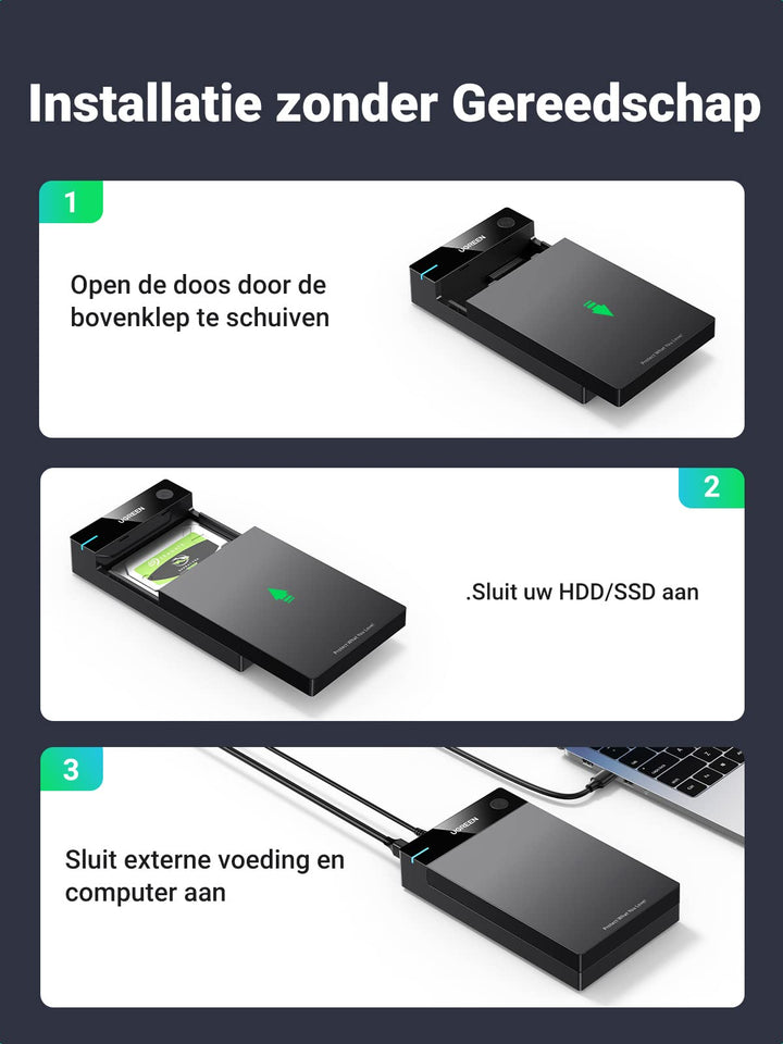 UGREEN 3,5 inch Harde Schijf Behuizing USB 3.0 naar SATA Adapter 3,5/2,5 inch HDD SSD Ondersteuning UASP 5Gbps, Extra 12V 2A Voeding Inbegrepen