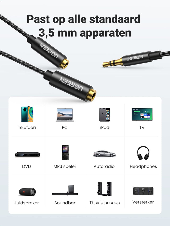 UGREEN 3.5mm Audio Splitter Kabel Headset Adapter Kabel Nylon Aux Kabel voor Smartphone, Laptop, Tablet enz. 20cm