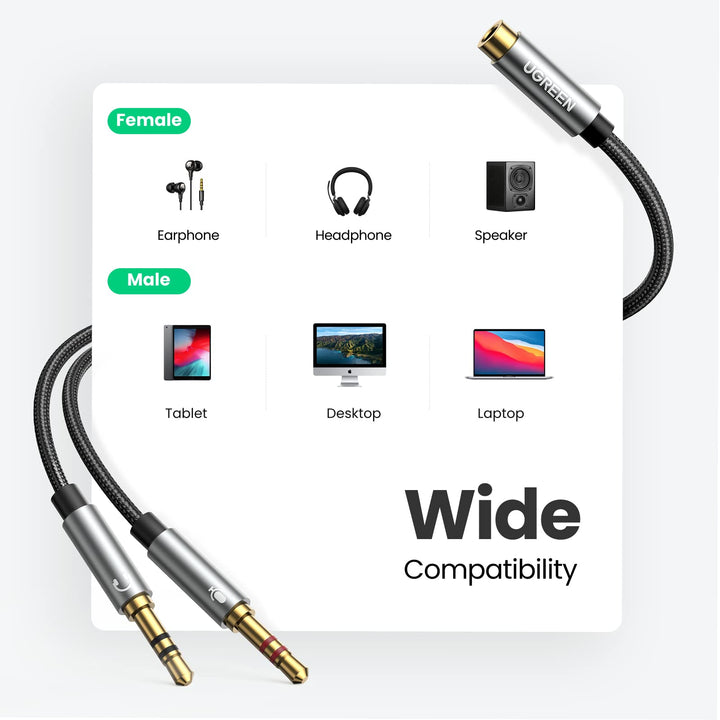 UGREEN 3.5mm Audio Splitter Kabel Headset en Microfoon Splitter Nylon Aux Kabel voor PC Laptop Headphone, 20 CM.