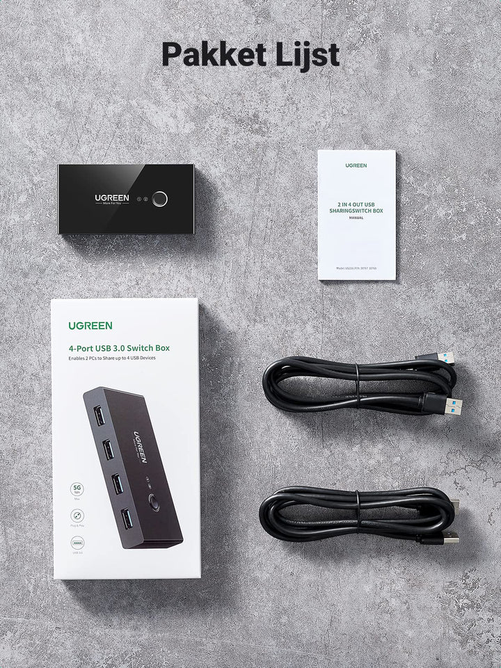 UGREEN 4 Poorten USB 3.0 Share USB Switch voor 2 PC's, 2 in 4 out Switch met 2 USB 3.0 Kabels