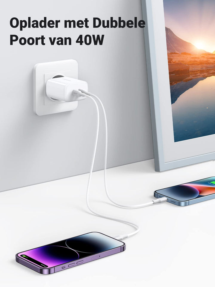 UGREEN 40W USB C Charger 2 Poort USB C Oplader Compatibel met iPhone 13, 13 Pro, 13 Mini, 13 Pro Max, 12, 12 Pro, 11 Pro, 11, iPad Pro, Galaxy S22, S21, Note10, AirPods enz.