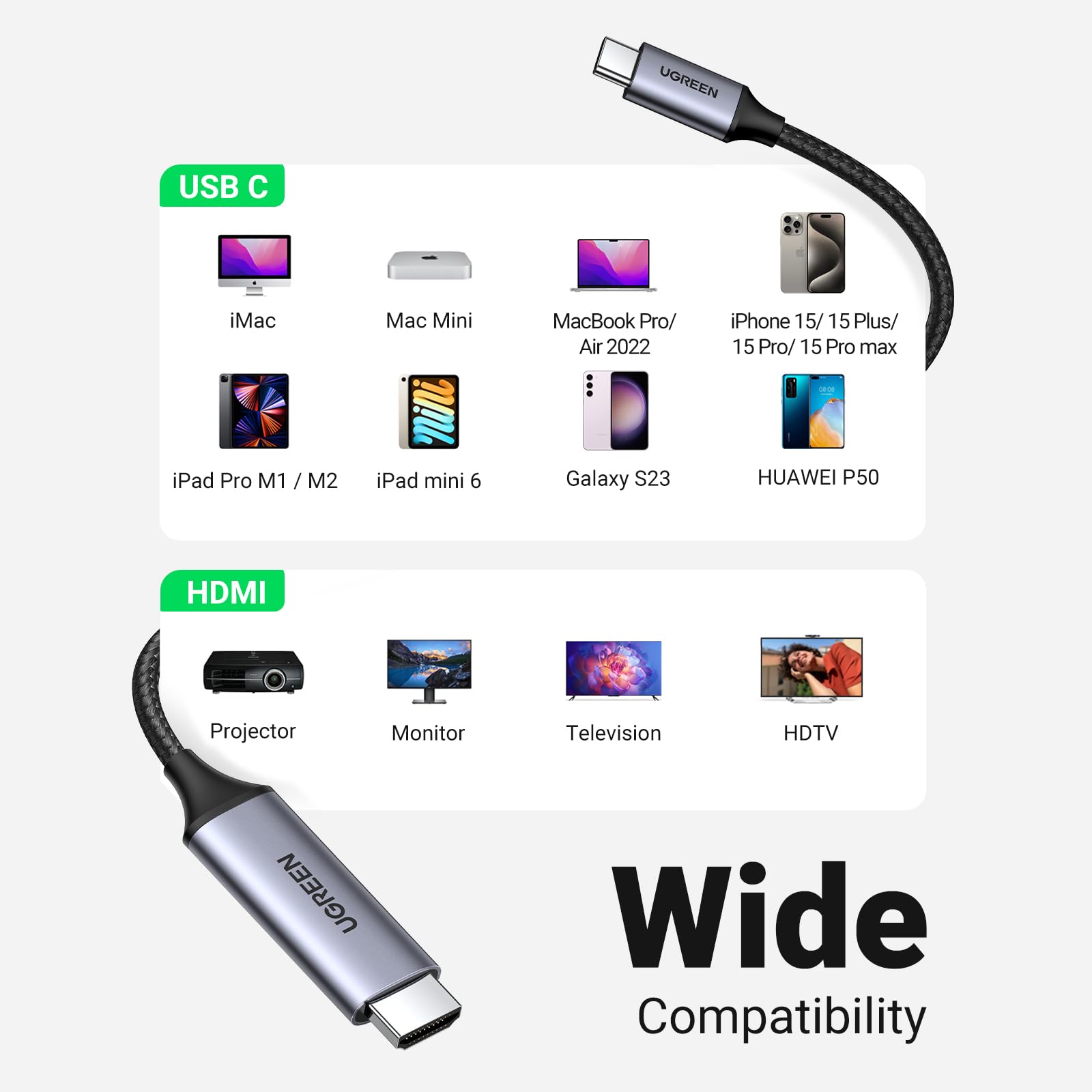 UGREEN 4K USB C (Thunderbolt 3) naar HDMI Kabel 2m Nylon Ondersteunt voor MacBook Pro, Surface Pro, Galaxy serie enz.