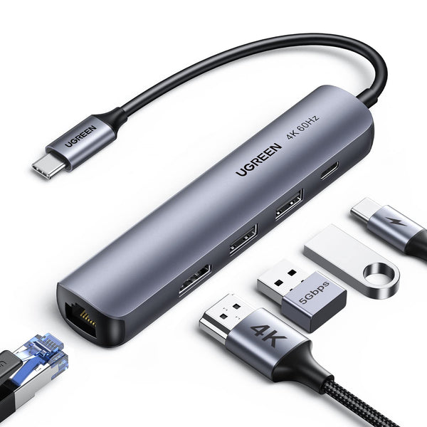 UGREEN 5 IN 1 USB C Hub HDMI 4K@60Hz Gigabit Ethernet PD 100W 2 USB 3.0 USB C Docking Station Aluminium