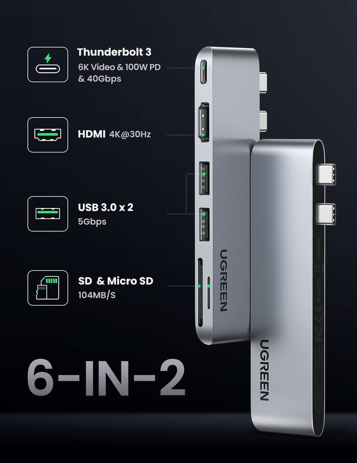 UGREEN 6-in-2 USB C HDMI 4K Hub Adapter Compatibel met MacBook Pro Air M2 M1 2022 tot 2016, USB 3.0 Multiports 5Gbps, Thunderbolt 3 6K Video, 100W PD, 40Gbps Transmissie, SD-kaartlezer TF