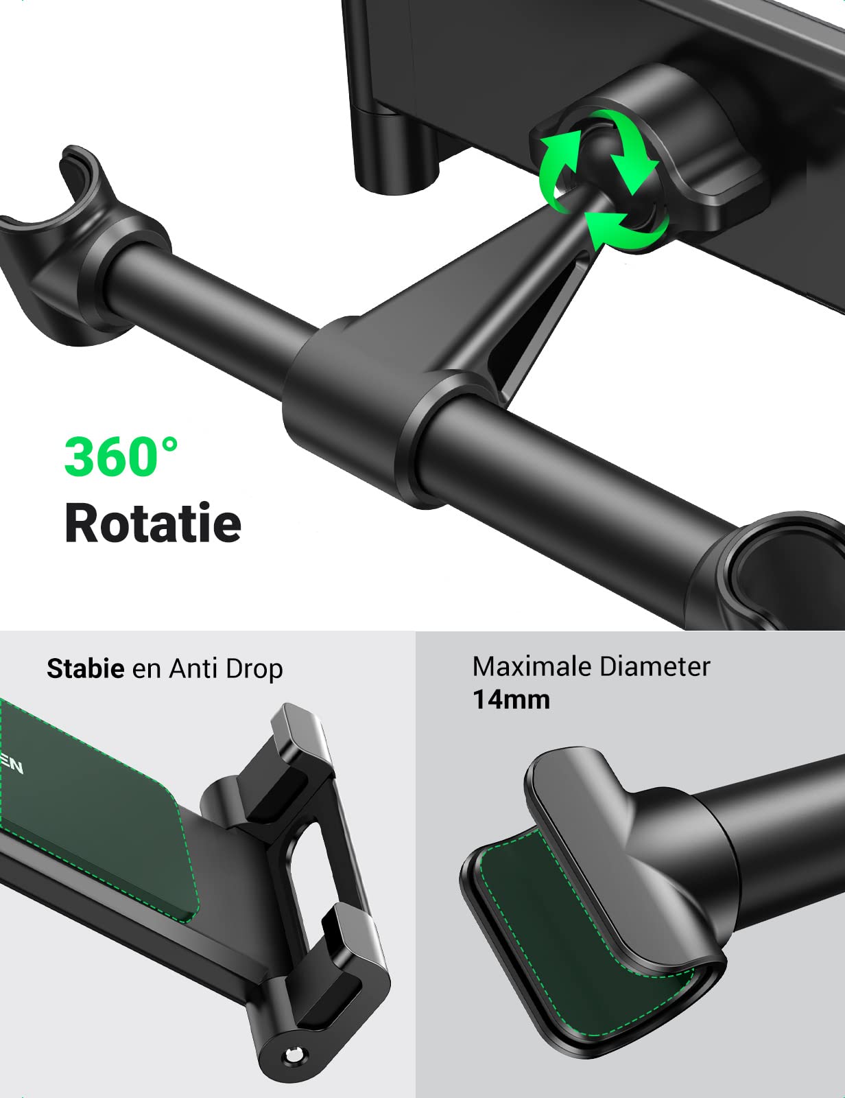 UGREEN Auto Tablet Houder Hoofdsteun 360?? Rotatie voor 4,7 tot 12,9 Inch Tablet