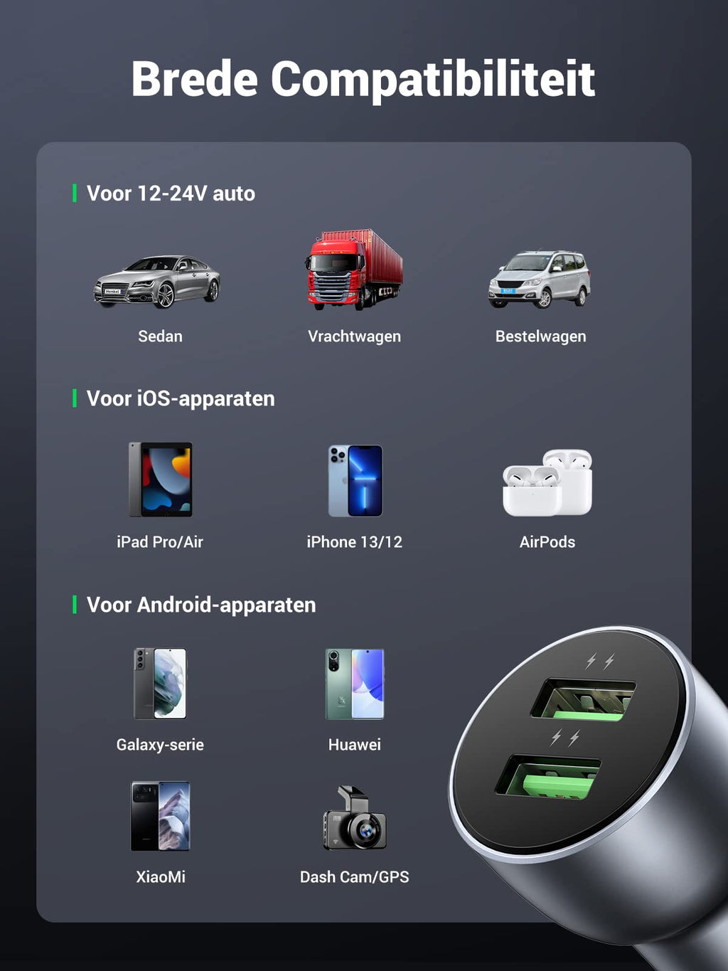 UGREEN 36W 2-Poorts Autolader met 1M USB A naar C Kabel