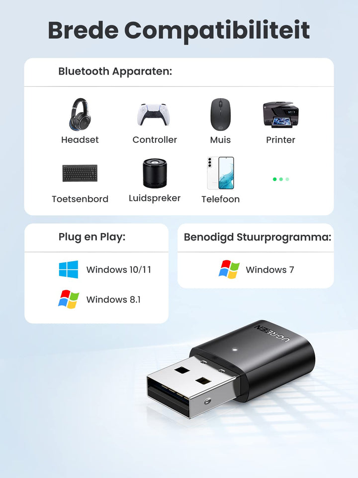 UGREEN Bluetooth 5.0 Adapter USB Bluetooth Dongle voor PC ondersteuning Windows 11/10/8.1/7, Compatibel met PS5/PS4 Pro X Box One S controller, Hoofdtelefoon, Oortelefoon, Luidspreker