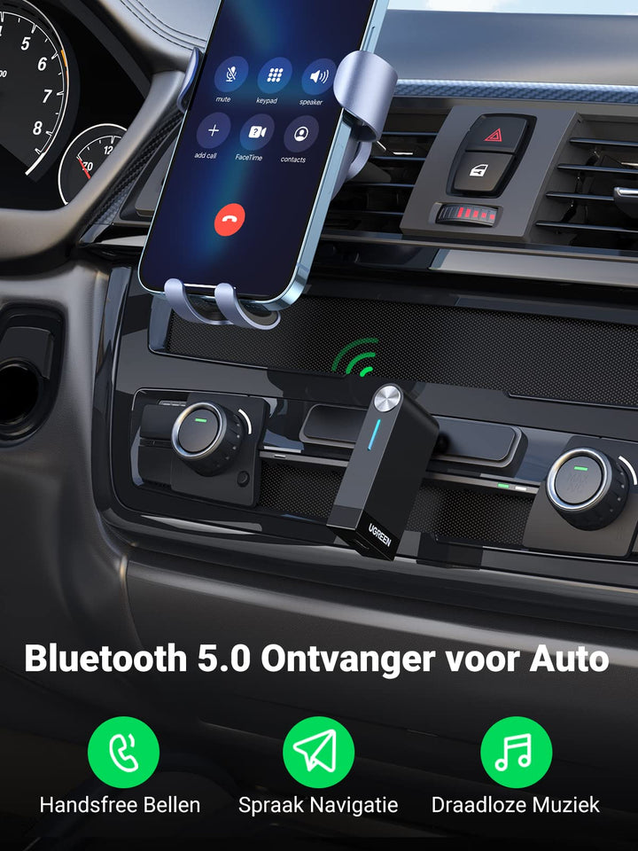 UGREEN Bluetooth 5.0 Ontvanger Auto Bluetooth Ontvanger met 3,5mm Aansluiting en Handsfree Bellen met Microfoon.