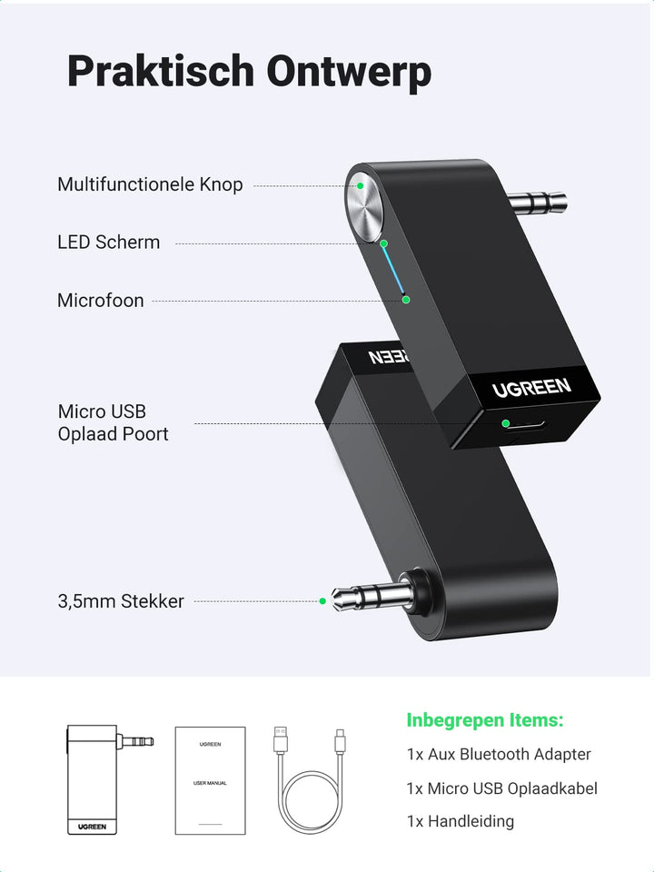 UGREEN Bluetooth 5.0 Ontvanger Auto Bluetooth Ontvanger met 3,5mm Aansluiting en Handsfree Bellen met Microfoon.