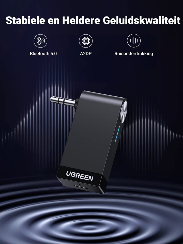 UGREEN Bluetooth 5.0 Ontvanger Auto Bluetooth Ontvanger met 3,5mm Aansluiting en Handsfree Bellen met Microfoon.