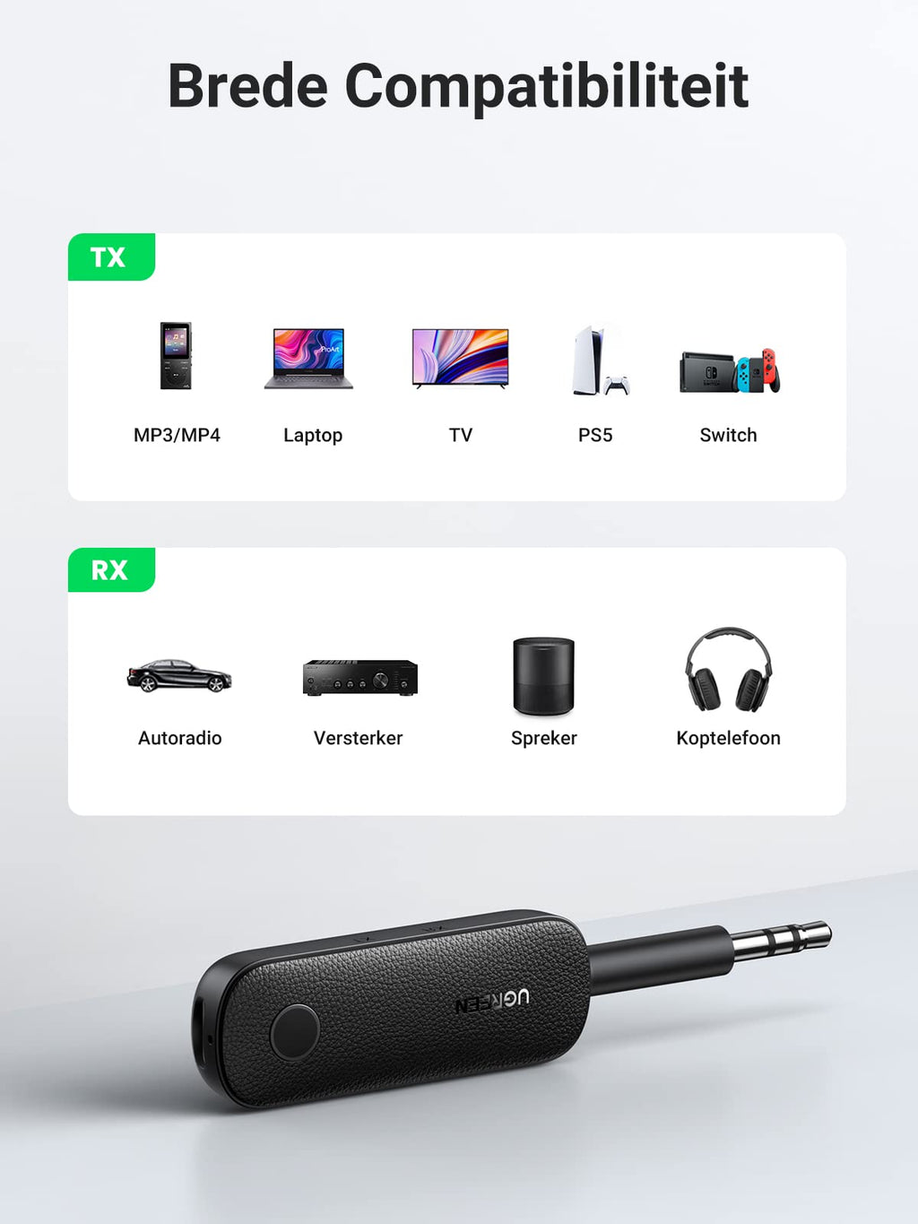 UGREEN Bluetooth 5.0 Zender 2-in-1 Ontvanger met 3,5mm Aansluiting en Ingebouwde Microfoon Bluetooth Adapter voor Auto Microfoon.