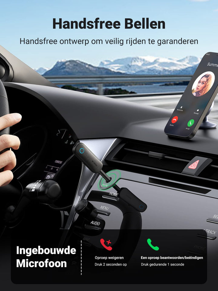 UGREEN Bluetooth 5.0 Zender 2-in-1 Ontvanger met 3,5mm Aansluiting en Ingebouwde Microfoon Bluetooth Adapter voor Auto Microfoon.