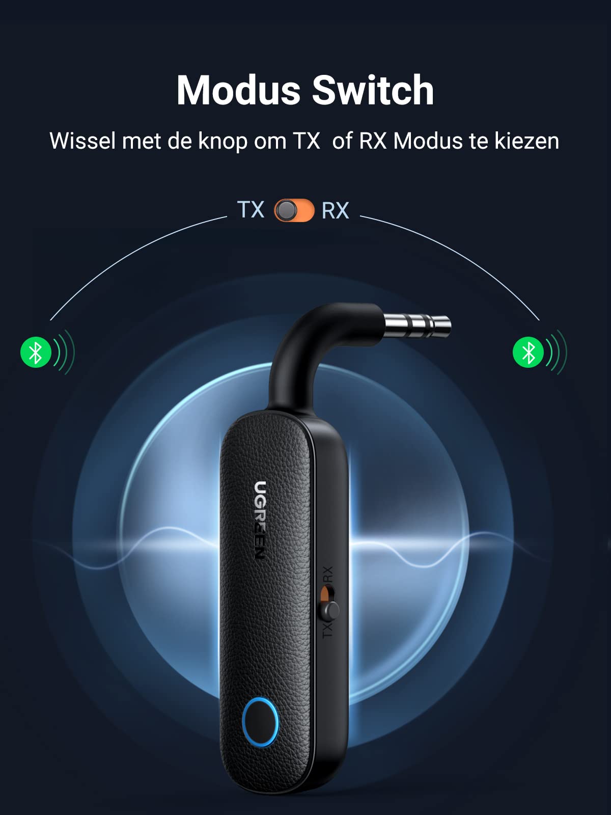 UGREEN Bluetooth 5.0 Zender 2-in-1 Ontvanger met 3,5mm Aansluiting en Ingebouwde Microfoon Bluetooth Adapter voor Auto Microfoon.
