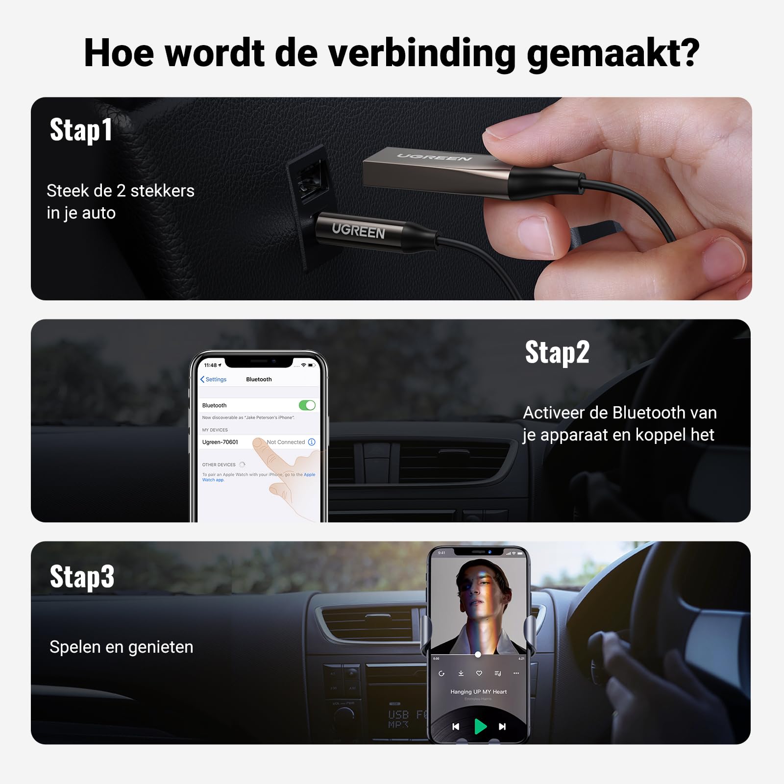 UGREEN Bluetooth 5.3 Ontvanger Auto USB Bluetooth met 3,5mm AUX Aansluiting en Ingebouwde Microfoon