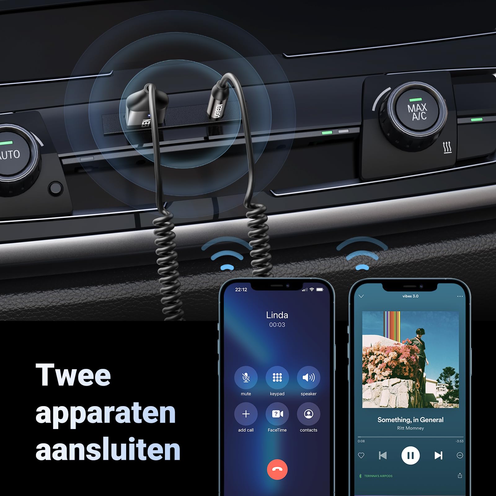 UGREEN Bluetooth 5.3 Ontvanger Auto USB Bluetooth met 3,5mm AUX Aansluiting en Ingebouwde Microfoon