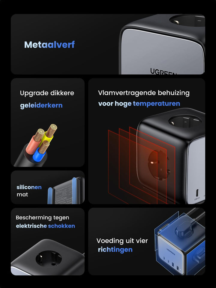 UGREEN DigiNest Cube 65W stekkerdoos GaN USB C oplader 3-weg stopcontact met schakelaar