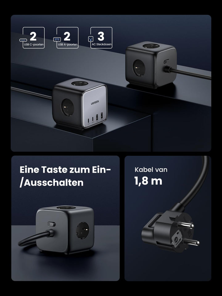 UGREEN DigiNest Cube 65W stekkerdoos GaN USB C oplader 3-weg stopcontact met schakelaar