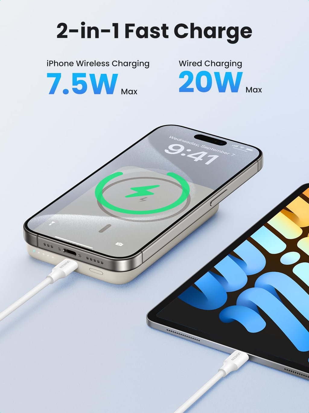 UGREEN Draadloze Powerbank 10000mAh Magnetische Power Bank met USB-C snellaadfunctie, draadloze externe batterij MagSafe