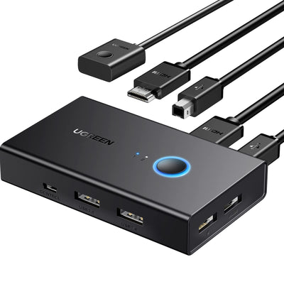 UGREEN HDMI 2.0 KVM Switch USB HDMI KVM Switch 4K@60Hz HDMI Switch met Desktopbediening voor 2 PCs Deel 1 HDMI Beeldscherm en 4 USB poorten voor Toetsenbord, Muis, Printer, Webcam, USB Microfoon.