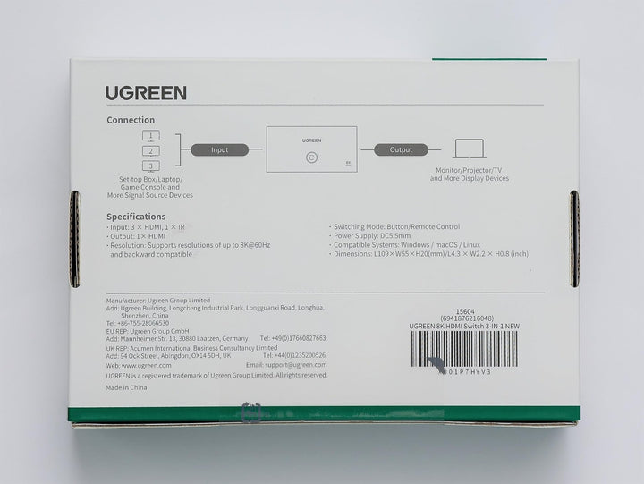 UGREEN HDMI 2.1 Switch 8K@60Hz HDMI Splitter 3 in 1 out HDMI Schakelaar Ondersteuning VRR & ALLM, Dolby Vision, Compatibel met PS5, Xbox, Apple TV, DVD Speler.