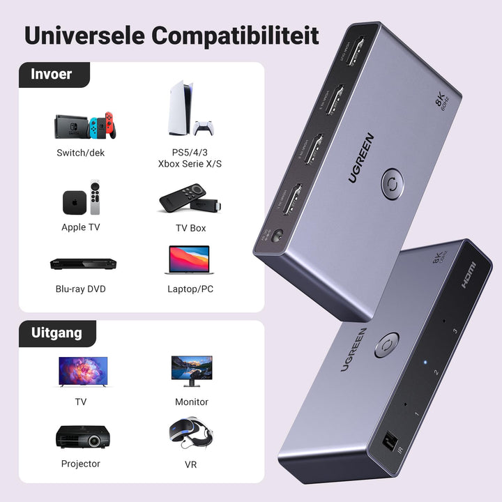 UGREEN HDMI 2.1 Switch 8K@60Hz HDMI Splitter 3 in 1 out HDMI Schakelaar Ondersteuning VRR & ALLM, Dolby Vision, Compatibel met PS5, Xbox, Apple TV, DVD Speler.