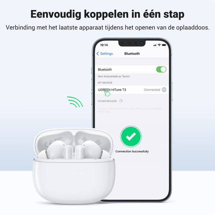 UGREEN HiTune T3 Bluetooth Oordopjes Draadloze Bluetooth Koptelefoon Actieve Ruisonderdrukking ANC, 24H Batterijduur, Bluetooth 5.2, 10 mm Transducers met Diepe Bas (Wit)