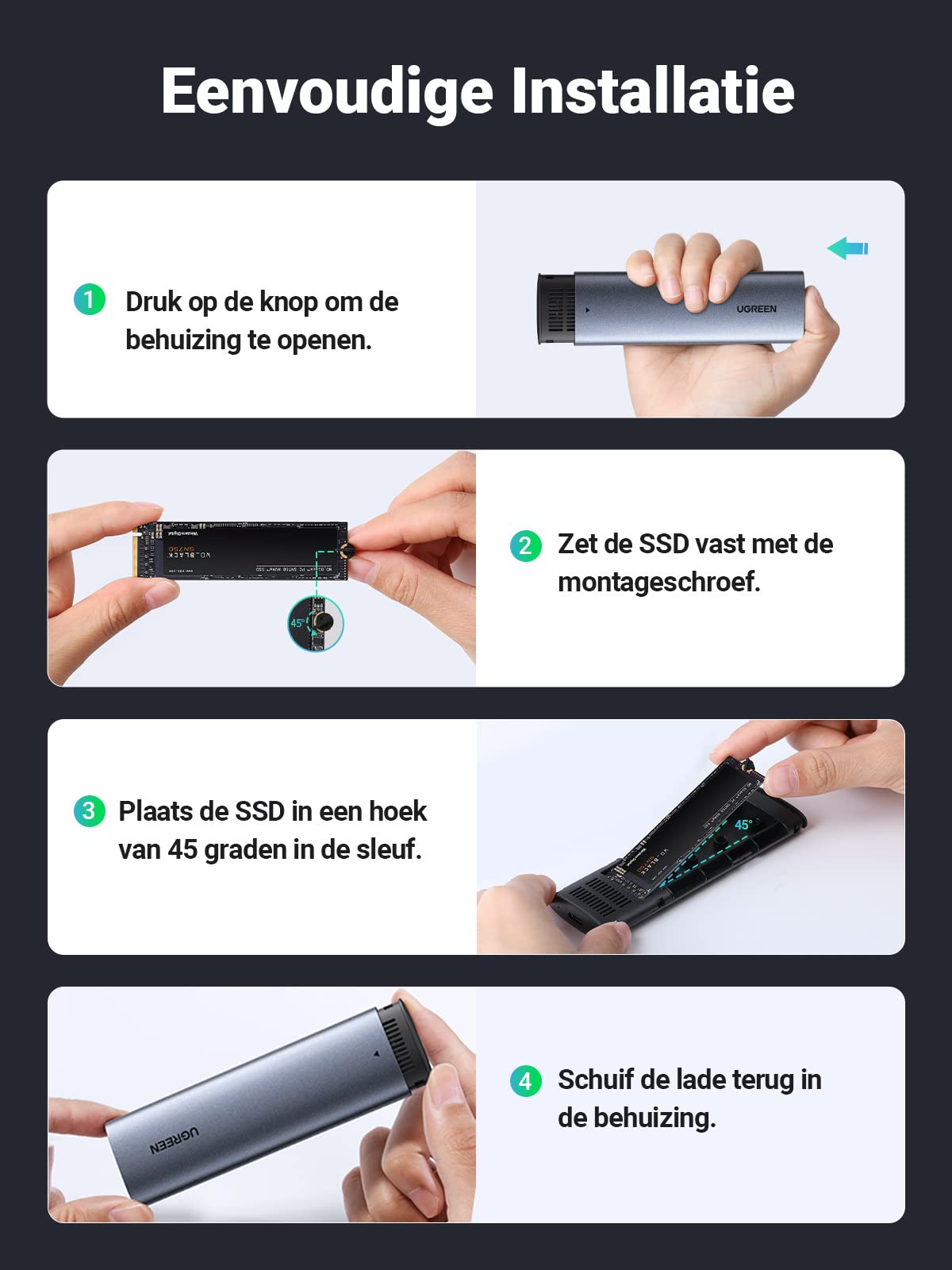 UGREEN M.2 NVME NGFF SSD Behuizing USB 3.2 10Gbps Gen 2 Aluminium M.2 Adapter voor NVMe SSD en SATA door M Key/ M&B Key in 2280/2242/2230/2260