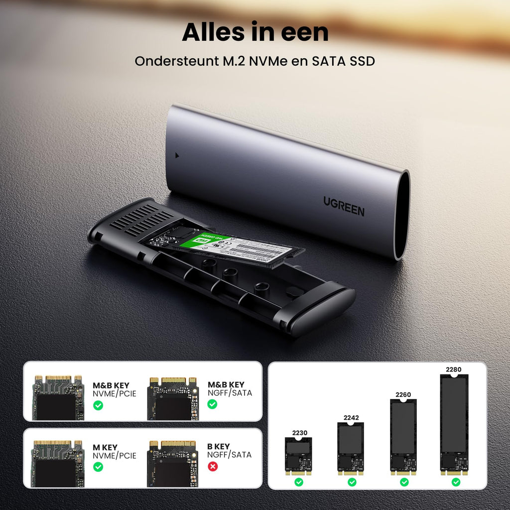 UGREEN M.2 NVME NGFF SSD Behuizing USB 3.2 10Gbps Gen 2 Aluminium M.2 Adapter voor NVMe SSD en SATA door M Key/ M&B Key in 2280/2242/2230/2260