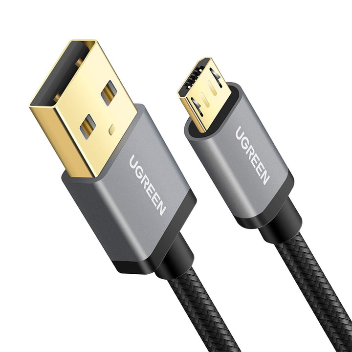 UGREEN Micro USB Kabel Nylon 18W Snel Opladen Kabel Compatibel met Galaxy S21 S20 A10, Redmi 6A Note 6 Pro, Huawei P40, PS4 Controller, GPS enz.(2M,Zwart)