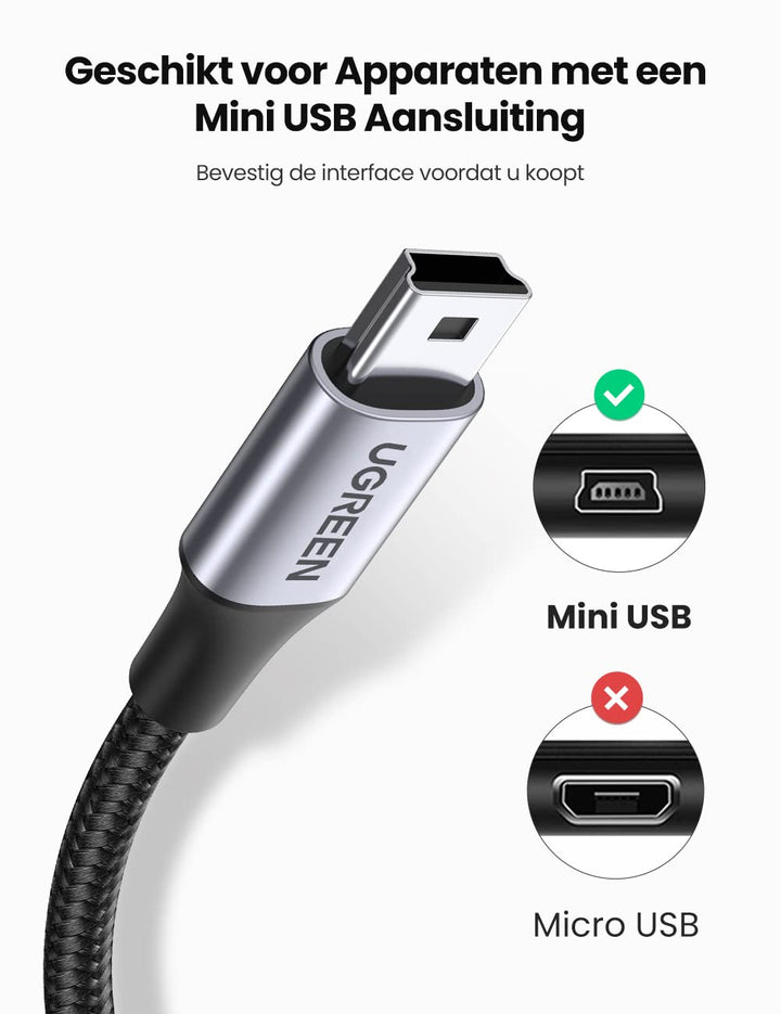 UGREEN Mini USB Kabel USB 2.0 A naar Mini B Kabel voor Gegevensoverdracht en Opladen