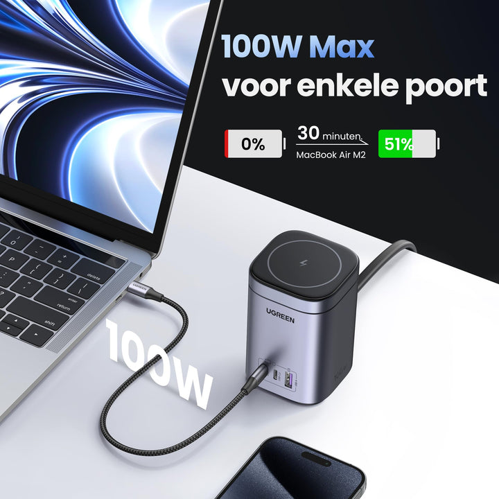 UGREEN Nexode 100W USB-C-oplader met MagSafe 15W USB-C Charger GaN Lader 4-in-1 laadstation met inductieve standaard