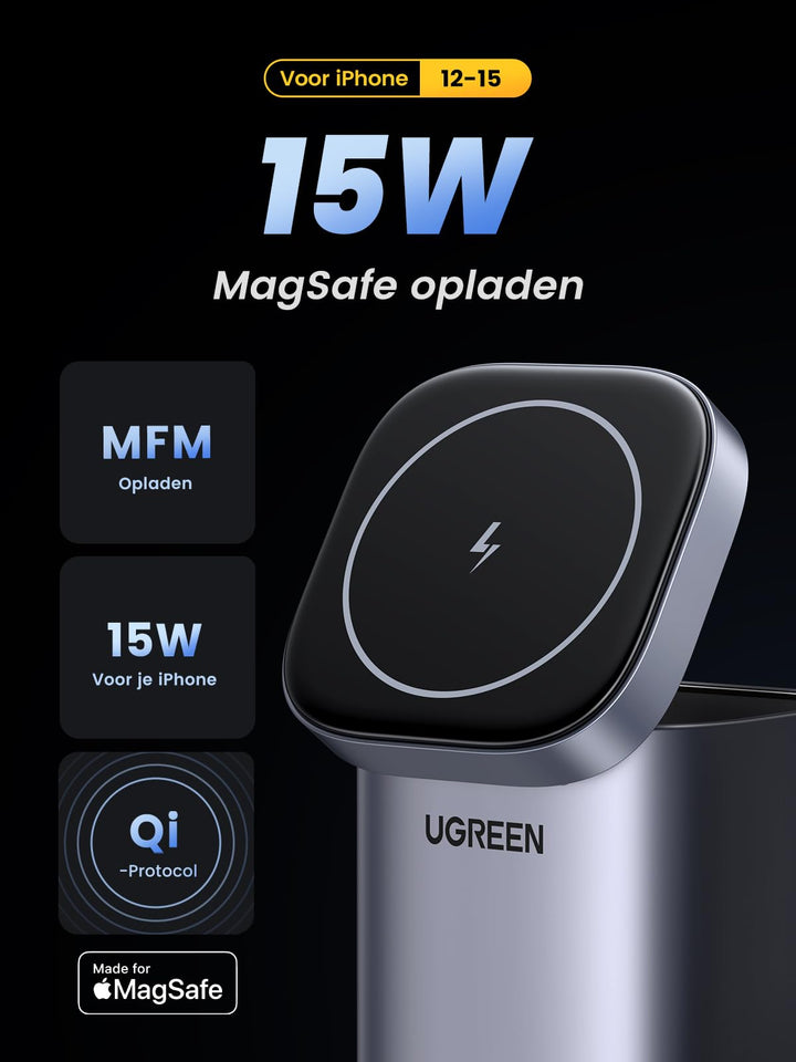 UGREEN Nexode 100W USB-C-oplader met MagSafe 15W USB-C Charger GaN Lader 4-in-1 laadstation met inductieve standaard